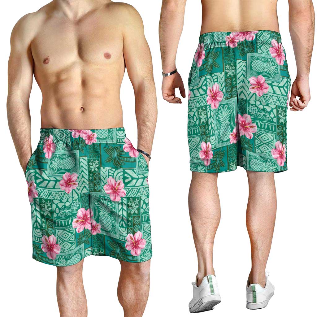 Cyan Hawaii Hibiscus With Tropical Flowers Motifs Shorts for Men LT14 - Polynesian Pride