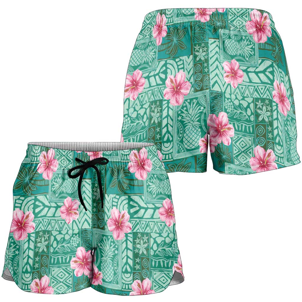 Cyan Hawaii Hibiscus With Tropical Flowers Motifs Shorts for Women LT14 - Polynesian Pride
