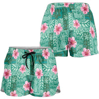 Cyan Hawaii Hibiscus With Tropical Flowers Motifs Shorts for Women LT14 - Polynesian Pride