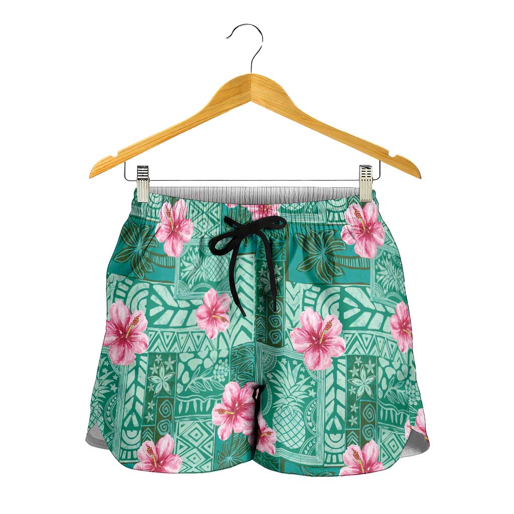 Cyan Hawaii Hibiscus With Tropical Flowers Motifs Shorts for Women LT14 - Polynesian Pride