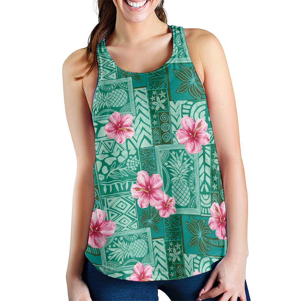 Cyan Hawaii Hibiscus With Tropical Flowers Motifs Women Racerback Tank - Polynesian Pride