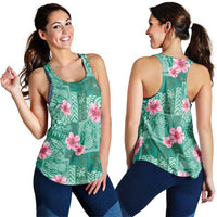Cyan Hawaii Hibiscus With Tropical Flowers Motifs Women Racerback Tank - Polynesian Pride
