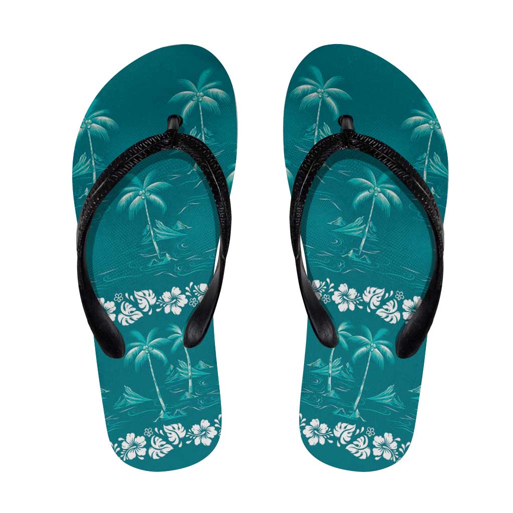 Cyan Hawaii Palm Tree Hibiscus Flip Flops Fantasy Summer Vibe