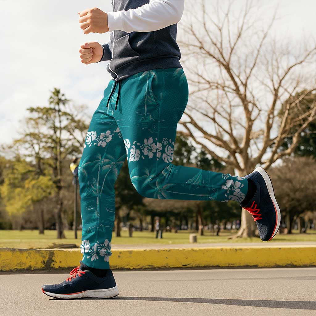 Cyan Hawaii Palm Tree Hibiscus Jogger Pants Fantasy Summer Vibe