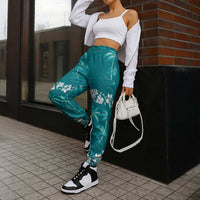 Cyan Hawaii Palm Tree Hibiscus Jogger Pants Fantasy Summer Vibe