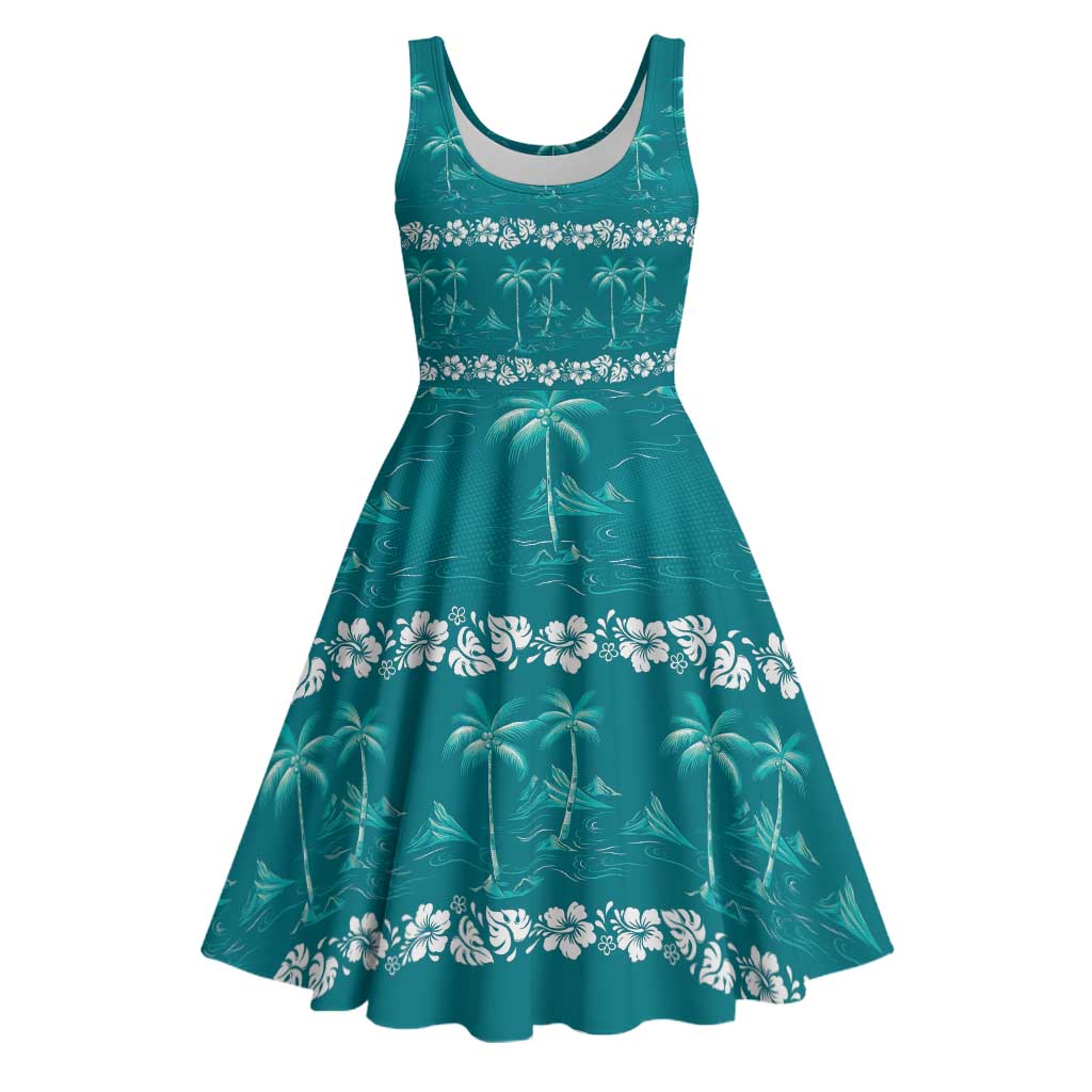 Cyan Hawaii Palm Tree Hibiscus Midi Dress Fantasy Summer Vibe