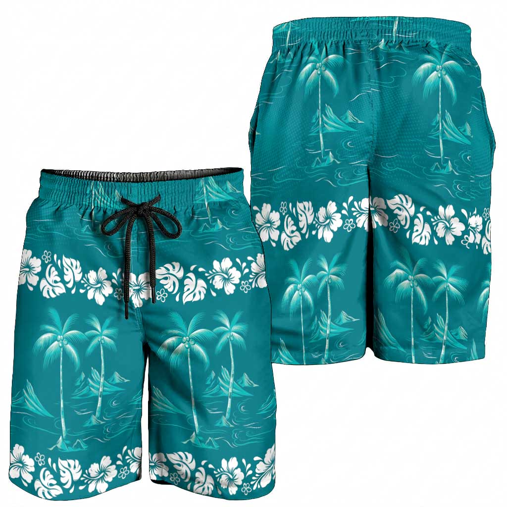 Cyan Hawaii Palm Tree Hibiscus Shorts for Men Fantasy Summer Vibe LT01 - Polynesian Pride