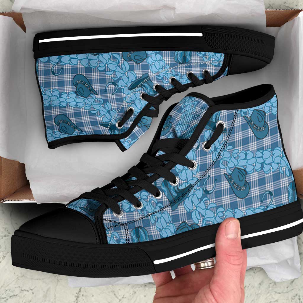 Cyan Palaka Hawaii Cowboy High Top Shoes Puakenikeni Lei Paniolo Papale Seamless Vibes - Polynesian Pride
