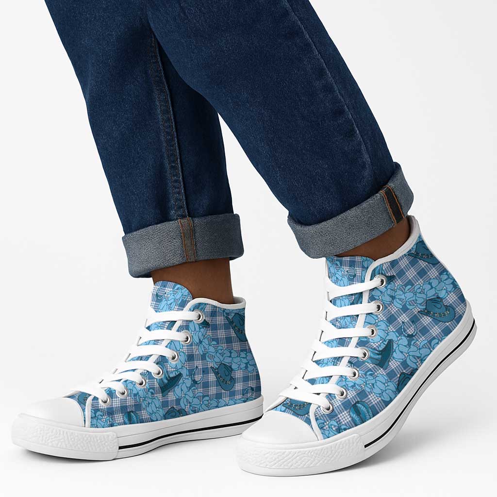 Cyan Palaka Hawaii Cowboy High Top Shoes Puakenikeni Lei Paniolo Papale Seamless Vibes - Polynesian Pride