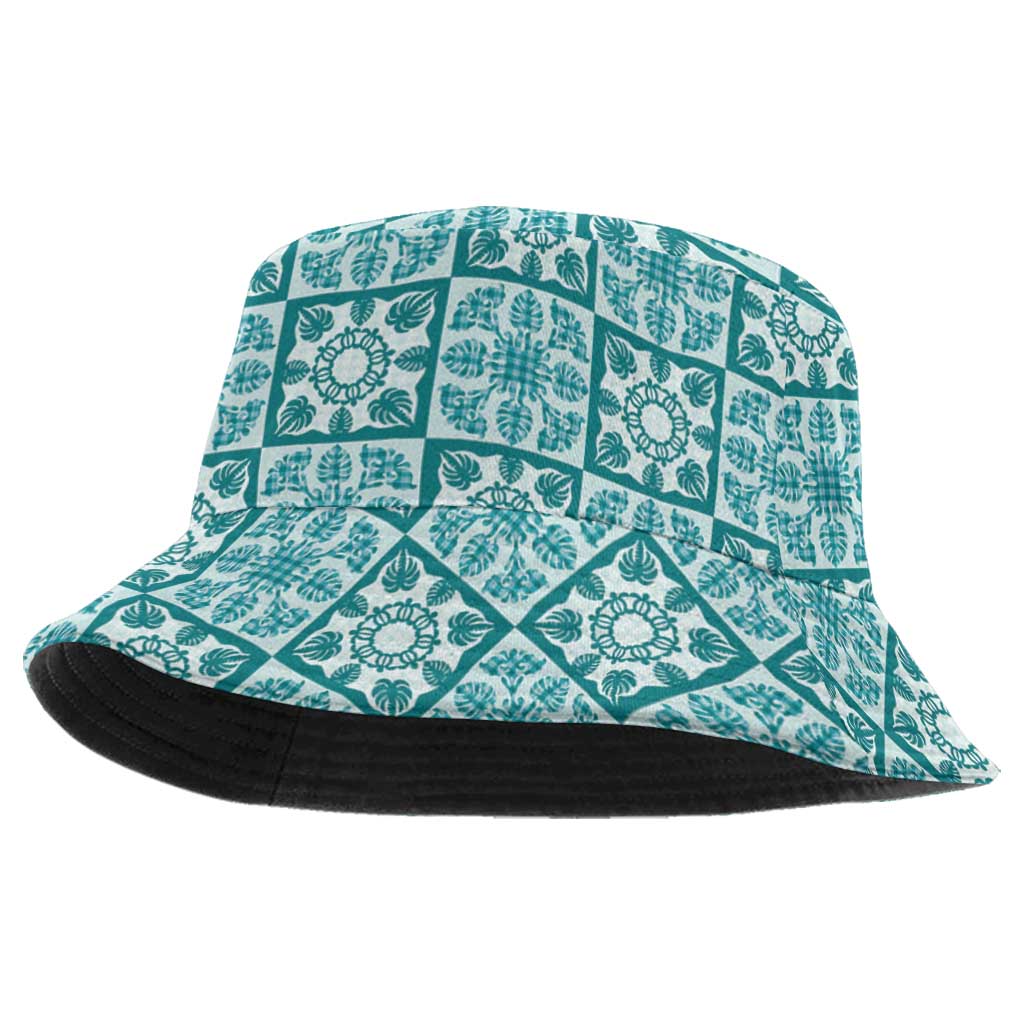Cyan Palaka Quilt Hawaii Bucket Hat Hawaiian Tropical Monstera Sea Turtle LT14 One Size Cyan - Polynesian Pride