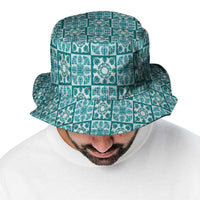 Cyan Palaka Quilt Hawaii Bucket Hat Hawaiian Tropical Monstera Sea Turtle LT14 - Polynesian Pride