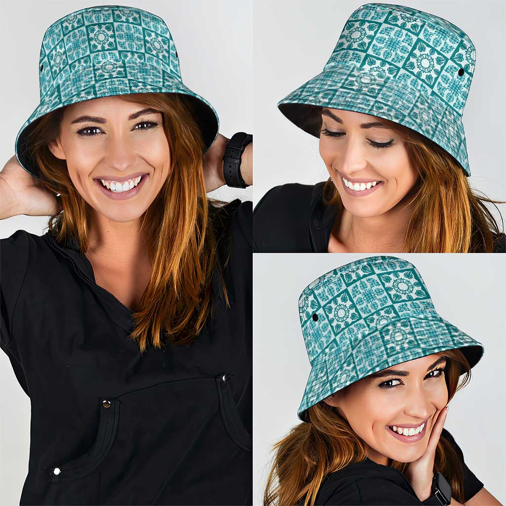 Cyan Palaka Quilt Hawaii Bucket Hat Hawaiian Tropical Monstera Sea Turtle LT14 - Polynesian Pride