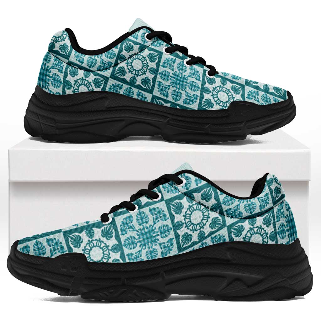 Cyan Palaka Quilt Hawaii Chunky Sneakers Hawaiian Tropical Monstera Sea Turtle LT14 Cyan - Polynesian Pride
