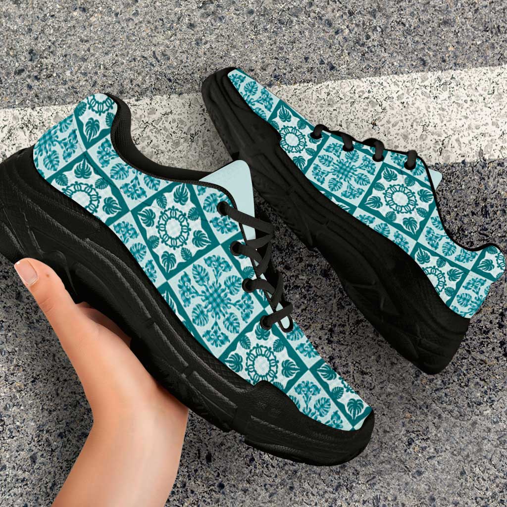 Cyan Palaka Quilt Hawaii Chunky Sneakers Hawaiian Tropical Monstera Sea Turtle LT14 - Polynesian Pride