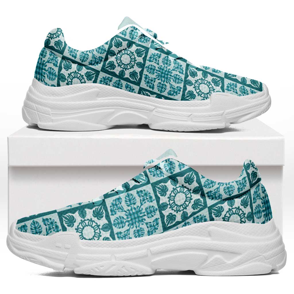 Cyan Palaka Quilt Hawaii Chunky Sneakers Hawaiian Tropical Monstera Sea Turtle LT14 Cyan - Polynesian Pride