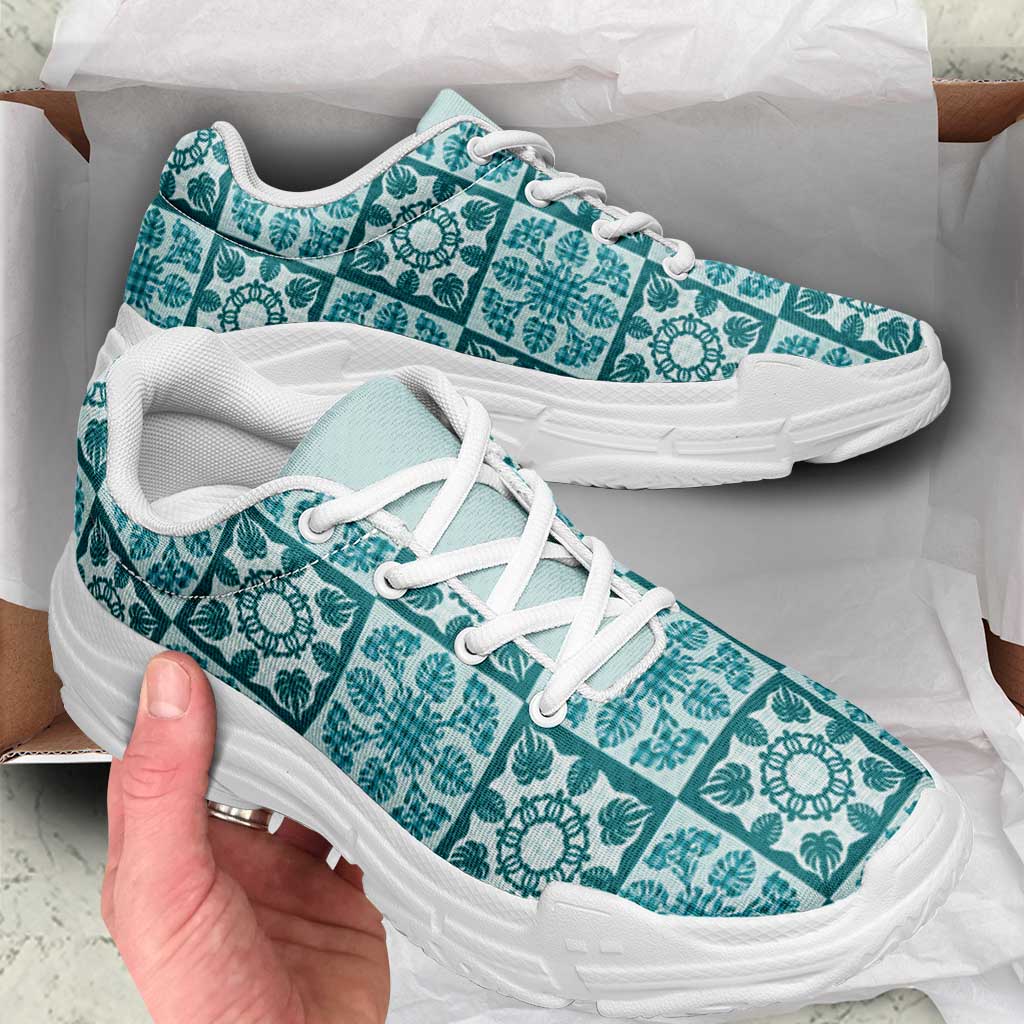 Cyan Palaka Quilt Hawaii Chunky Sneakers Hawaiian Tropical Monstera Sea Turtle LT14 - Polynesian Pride
