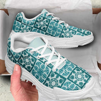 Cyan Palaka Quilt Hawaii Chunky Sneakers Hawaiian Tropical Monstera Sea Turtle LT14 - Polynesian Pride