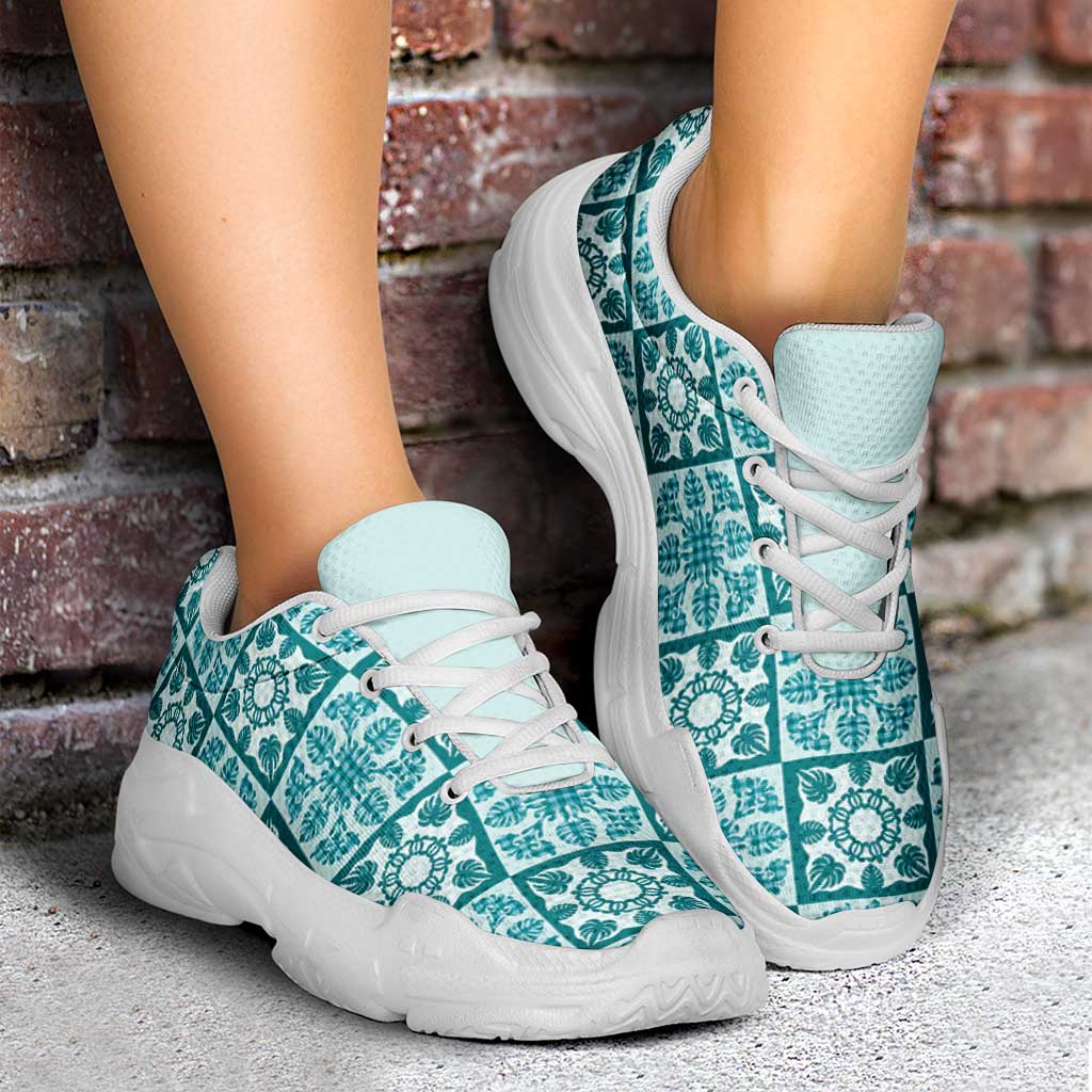 Cyan Palaka Quilt Hawaii Chunky Sneakers Hawaiian Tropical Monstera Sea Turtle LT14 - Polynesian Pride