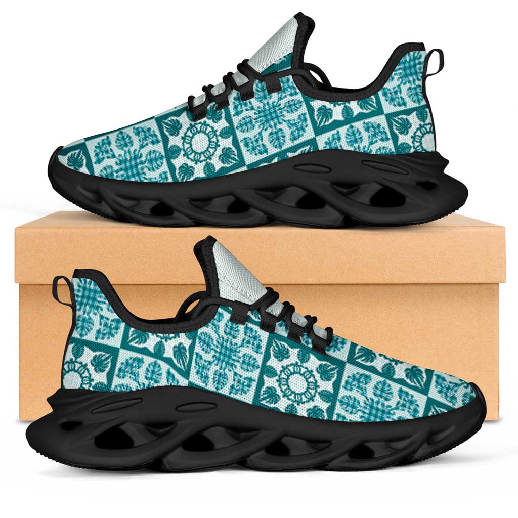 Cyan Palaka Quilt Hawaii Clunky Sneakers Hawaiian Tropical Monstera Sea Turtle LT14 Cyan - Polynesian Pride