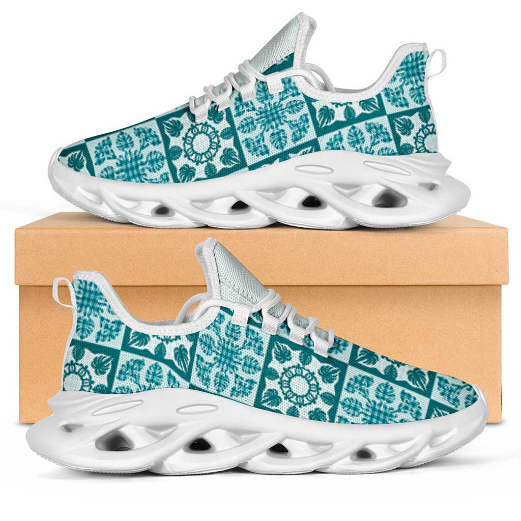Cyan Palaka Quilt Hawaii Clunky Sneakers Hawaiian Tropical Monstera Sea Turtle LT14 Cyan - Polynesian Pride