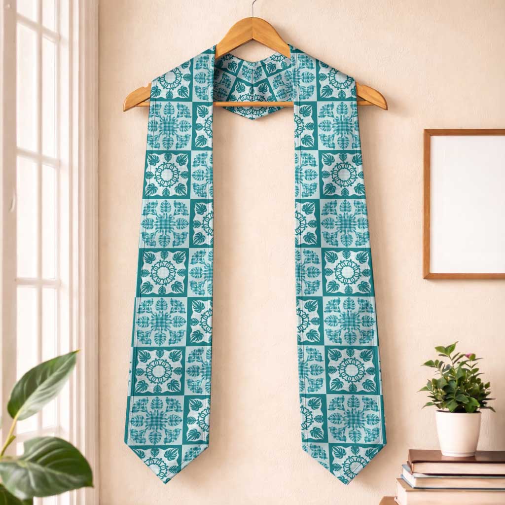 Cyan Palaka Quilt Hawaii Graduation Stole Hawaiian Tropical Monstera Sea Turtle LT14 One Size Cyan - Polynesian Pride