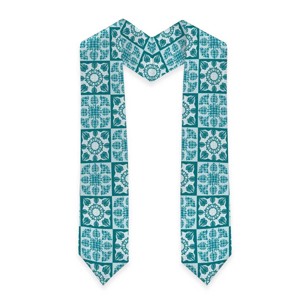 Cyan Palaka Quilt Hawaii Graduation Stole Hawaiian Tropical Monstera Sea Turtle LT14 - Polynesian Pride