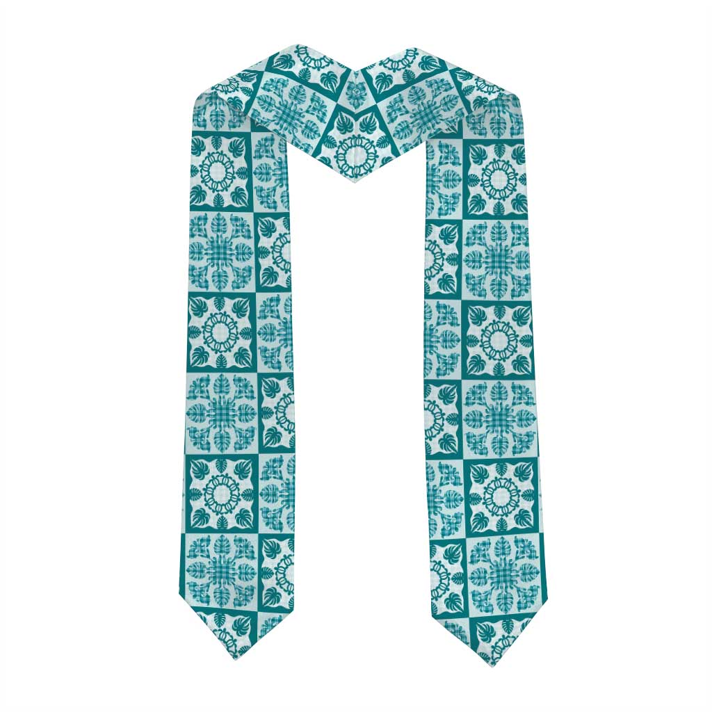 Cyan Palaka Quilt Hawaii Graduation Stole Hawaiian Tropical Monstera Sea Turtle LT14 - Polynesian Pride