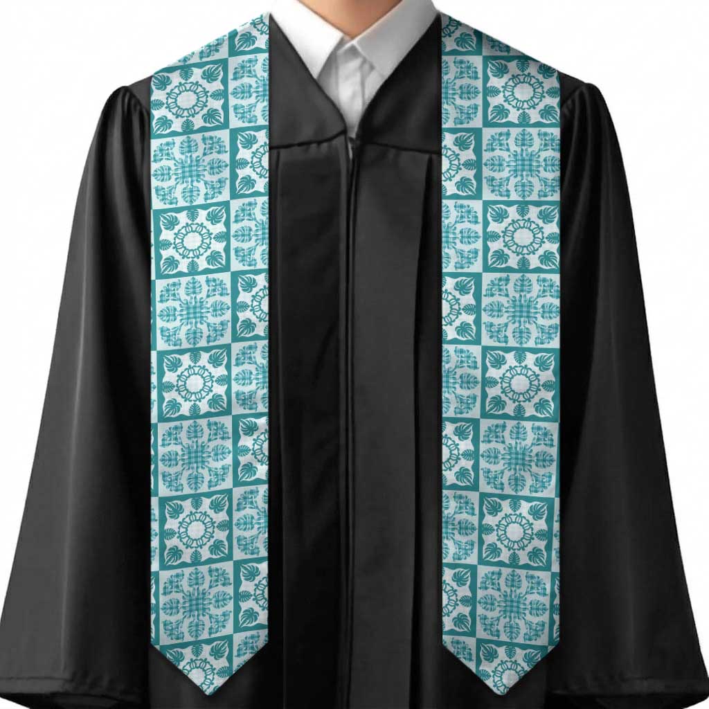 Cyan Palaka Quilt Hawaii Graduation Stole Hawaiian Tropical Monstera Sea Turtle LT14 - Polynesian Pride