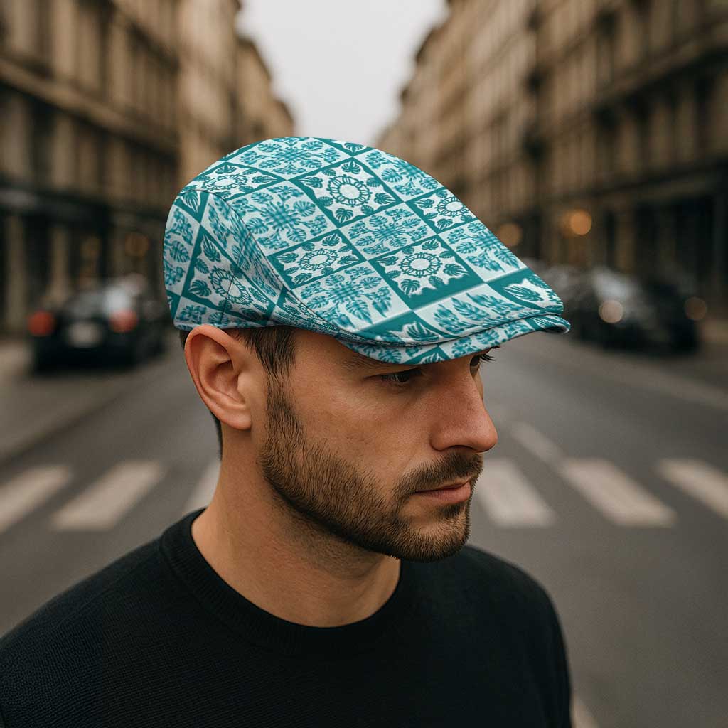 Cyan Palaka Quilt Hawaii Jeff Hat Hawaiian Tropical Monstera Sea Turtle LT14 - Polynesian Pride
