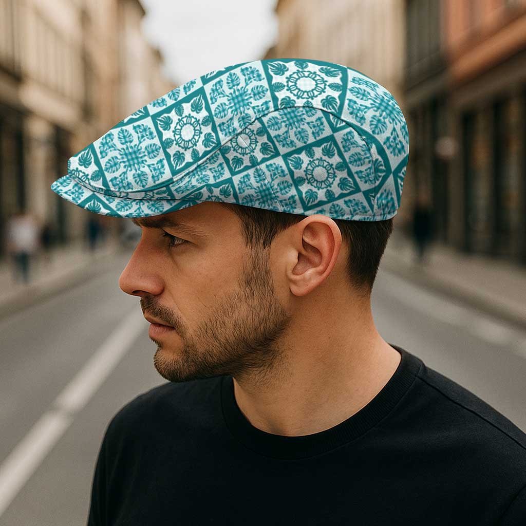 Cyan Palaka Quilt Hawaii Jeff Hat Hawaiian Tropical Monstera Sea Turtle LT14 - Polynesian Pride