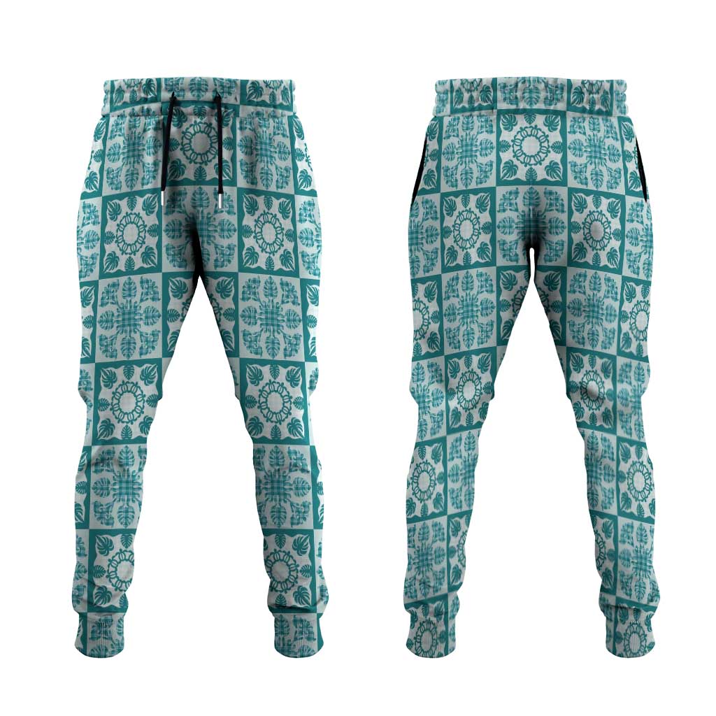 Cyan Palaka Quilt Hawaii Jogger Pants Hawaiian Tropical Monstera Sea Turtle LT14 Cyan - Polynesian Pride