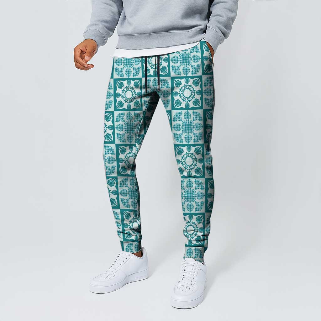 Cyan Palaka Quilt Hawaii Jogger Pants Hawaiian Tropical Monstera Sea Turtle LT14 - Polynesian Pride
