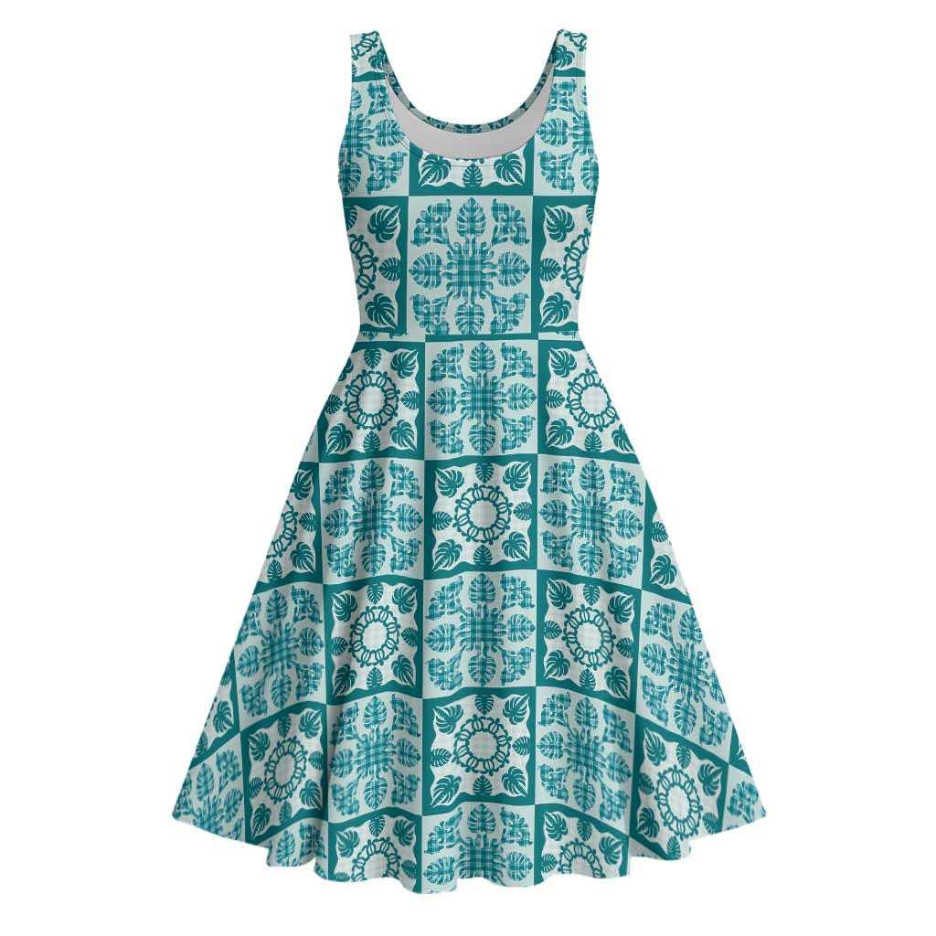 Cyan Palaka Quilt Hawaii Midi Dress Hawaiian Tropical Monstera Sea Turtle