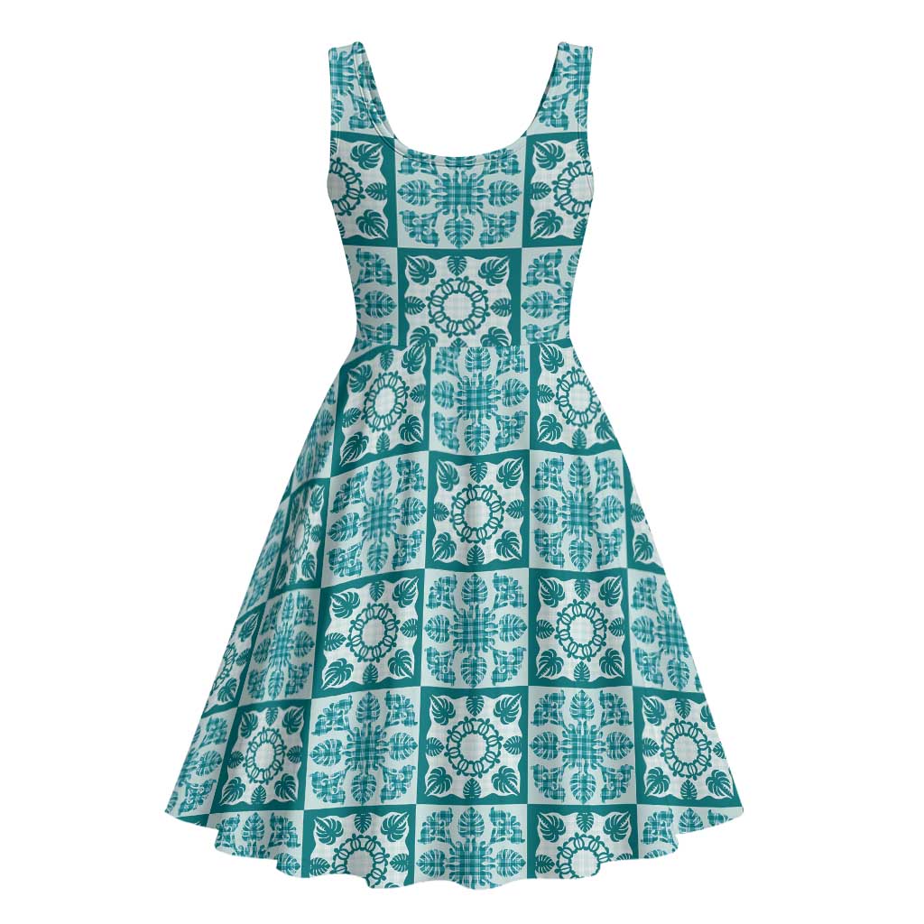 Cyan Palaka Quilt Hawaii Midi Dress Hawaiian Tropical Monstera Sea Turtle LT14 - Polynesian Pride