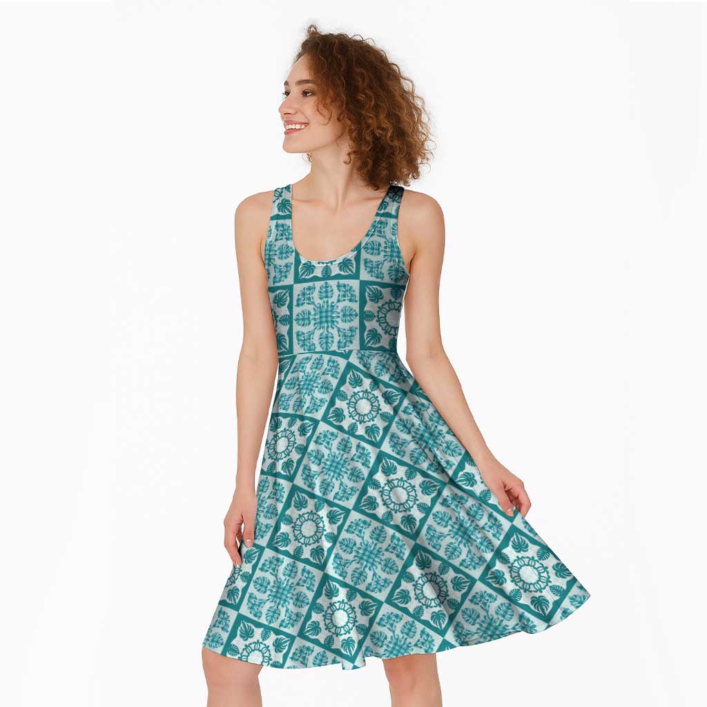 Cyan Palaka Quilt Hawaii Midi Dress Hawaiian Tropical Monstera Sea Turtle LT14 - Polynesian Pride