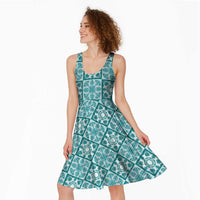 Cyan Palaka Quilt Hawaii Midi Dress Hawaiian Tropical Monstera Sea Turtle LT14 - Polynesian Pride