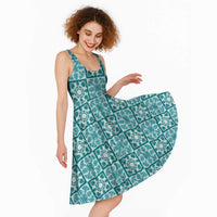 Cyan Palaka Quilt Hawaii Midi Dress Hawaiian Tropical Monstera Sea Turtle LT14 - Polynesian Pride