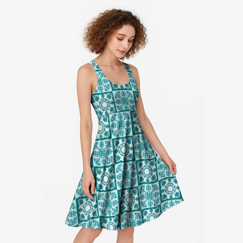 Cyan Palaka Quilt Hawaii Midi Dress Hawaiian Tropical Monstera Sea Turtle LT14 - Polynesian Pride