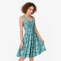 Cyan Palaka Quilt Hawaii Midi Dress Hawaiian Tropical Monstera Sea Turtle LT14 - Polynesian Pride