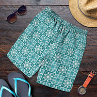 Cyan Palaka Quilt Hawaii Shorts for Men Hawaiian Tropical Monstera Sea Turtle LT14 Cyan - Polynesian Pride