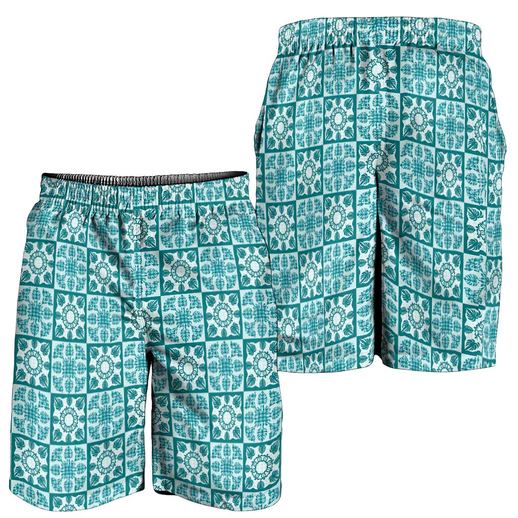 Cyan Palaka Quilt Hawaii Shorts for Men Hawaiian Tropical Monstera Sea Turtle LT14 - Polynesian Pride
