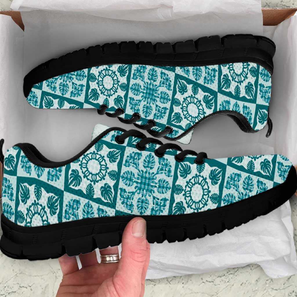 Cyan Palaka Quilt Hawaii Sneakers Hawaiian Tropical Monstera Sea Turtle LT14 Cyan - Polynesian Pride