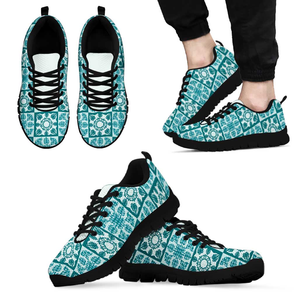 Cyan Palaka Quilt Hawaii Sneakers Hawaiian Tropical Monstera Sea Turtle LT14 - Polynesian Pride