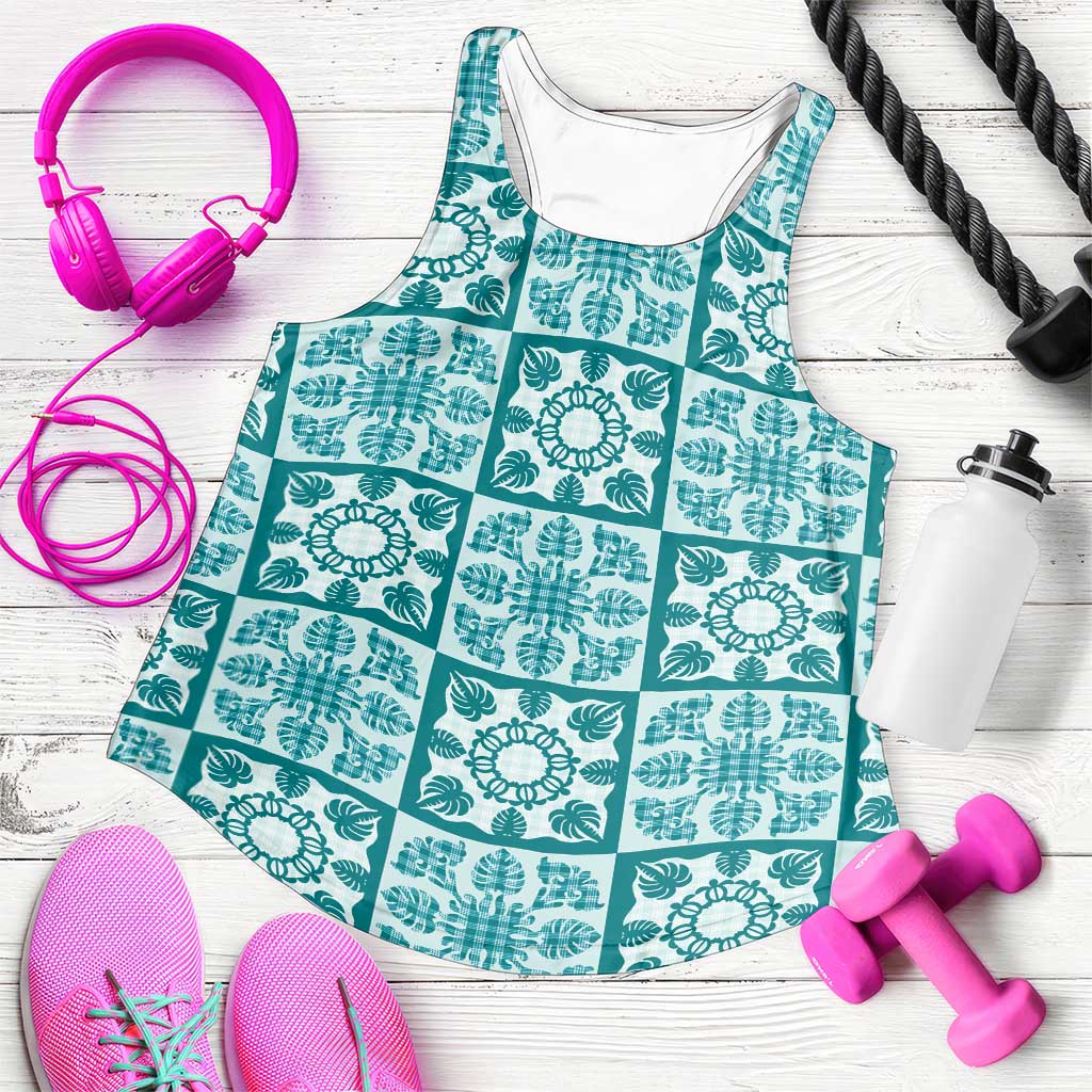 Cyan Palaka Quilt Hawaii Women Racerback Tank Hawaiian Tropical Monstera Sea Turtle