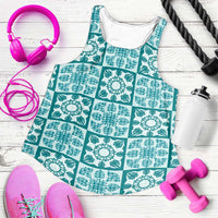 Cyan Palaka Quilt Hawaii Women Racerback Tank Hawaiian Tropical Monstera Sea Turtle LT14 Cyan - Polynesian Pride