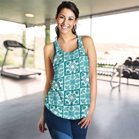Cyan Palaka Quilt Hawaii Women Racerback Tank Hawaiian Tropical Monstera Sea Turtle LT14 - Polynesian Pride