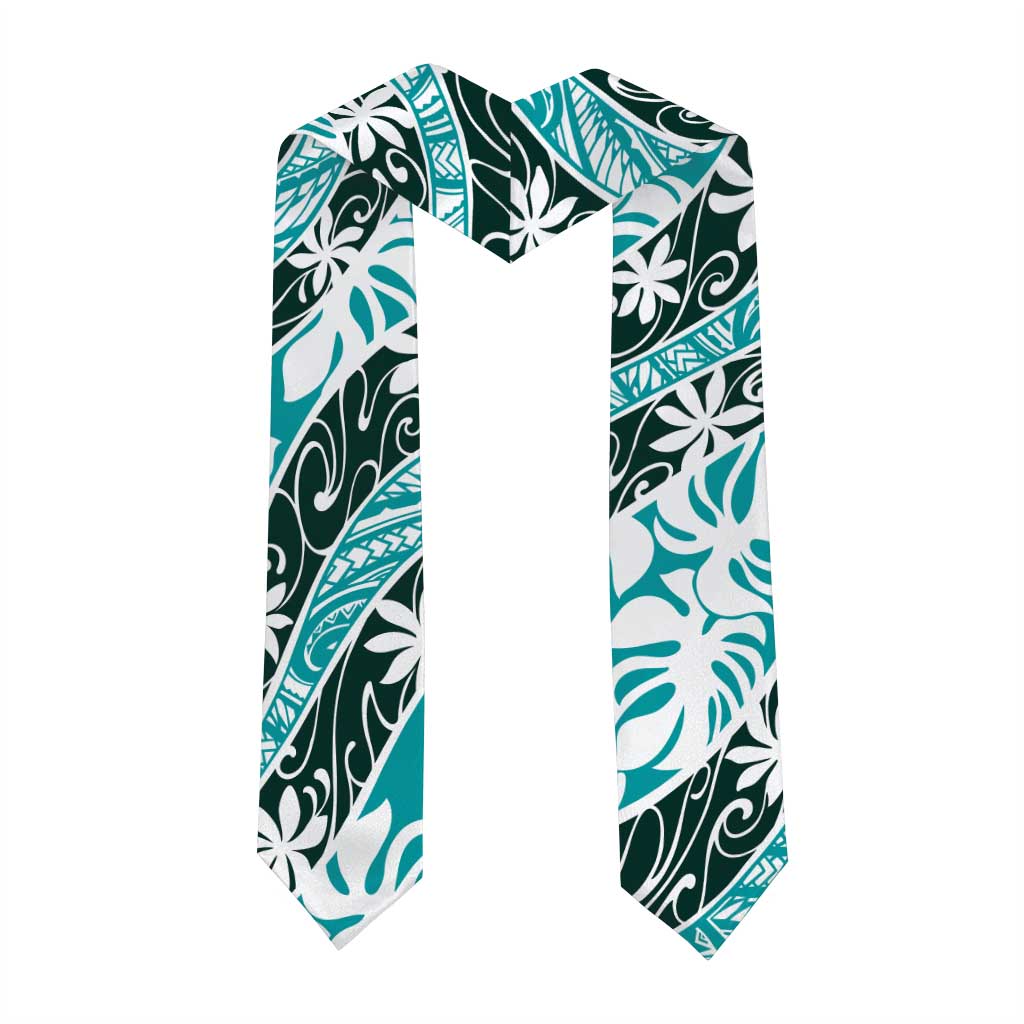 Cyan Tahiti Tiare Monstera Graduation Stole Polynesian Pattern Curve Style LT01 - Polynesian Pride