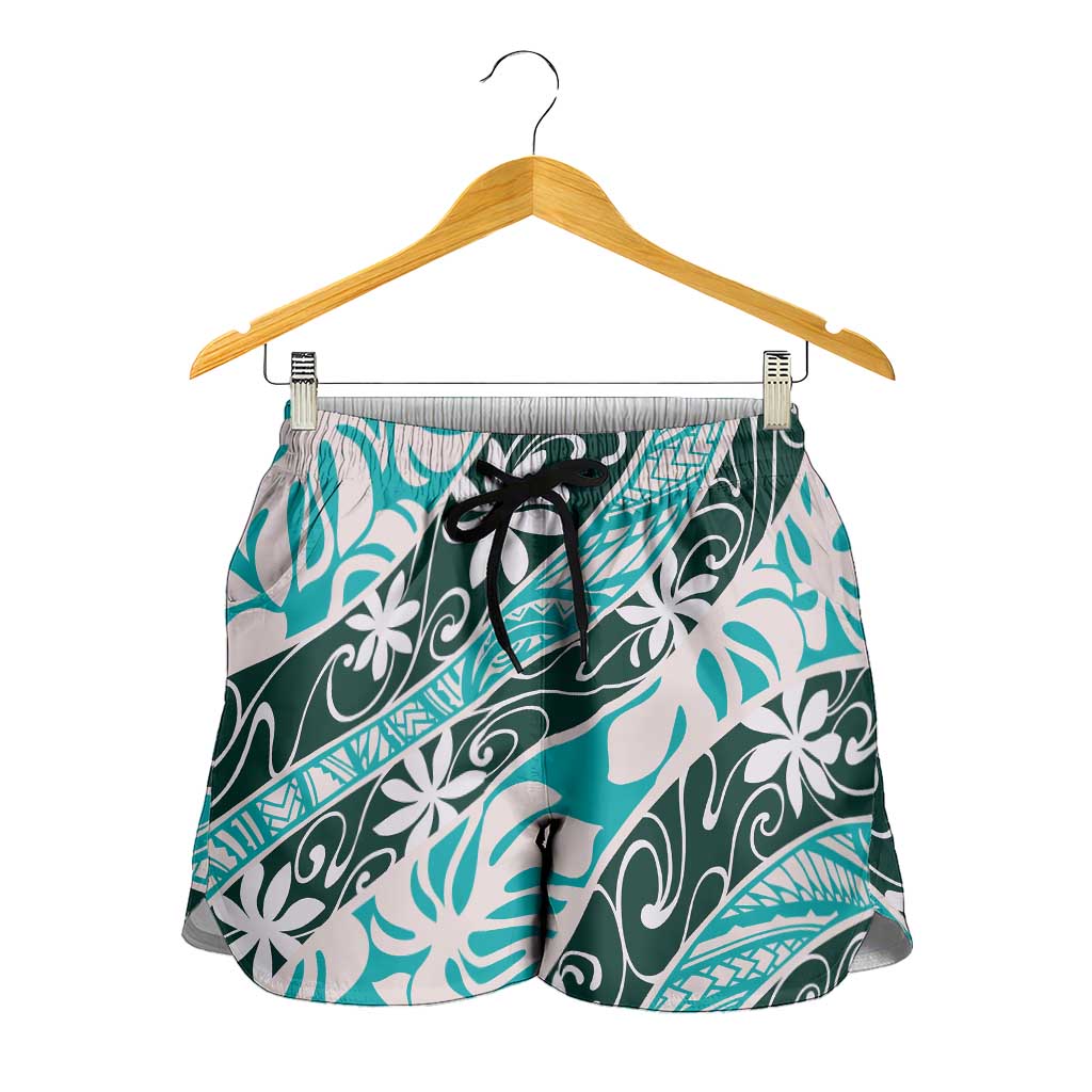 Cyan Tahiti Tiare Monstera Shorts for Women Polynesian Pattern Curve Style - Polynesian Pride
