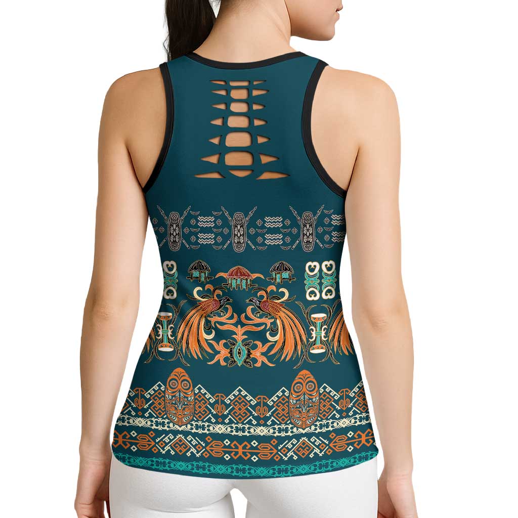 Dark Cyan Blue Batik Papua-inspired Pattern Hollow Tank Top - Polynesian Pride