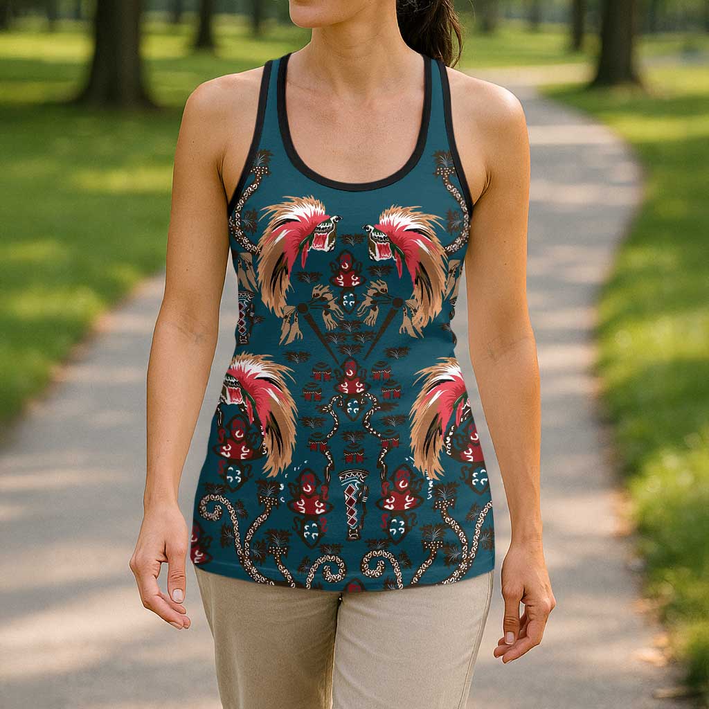 Dark Cyan Blue Bird of Batik Papua Hollow Tank Top Exotic Natural Wealth of Papua - Polynesian Pride